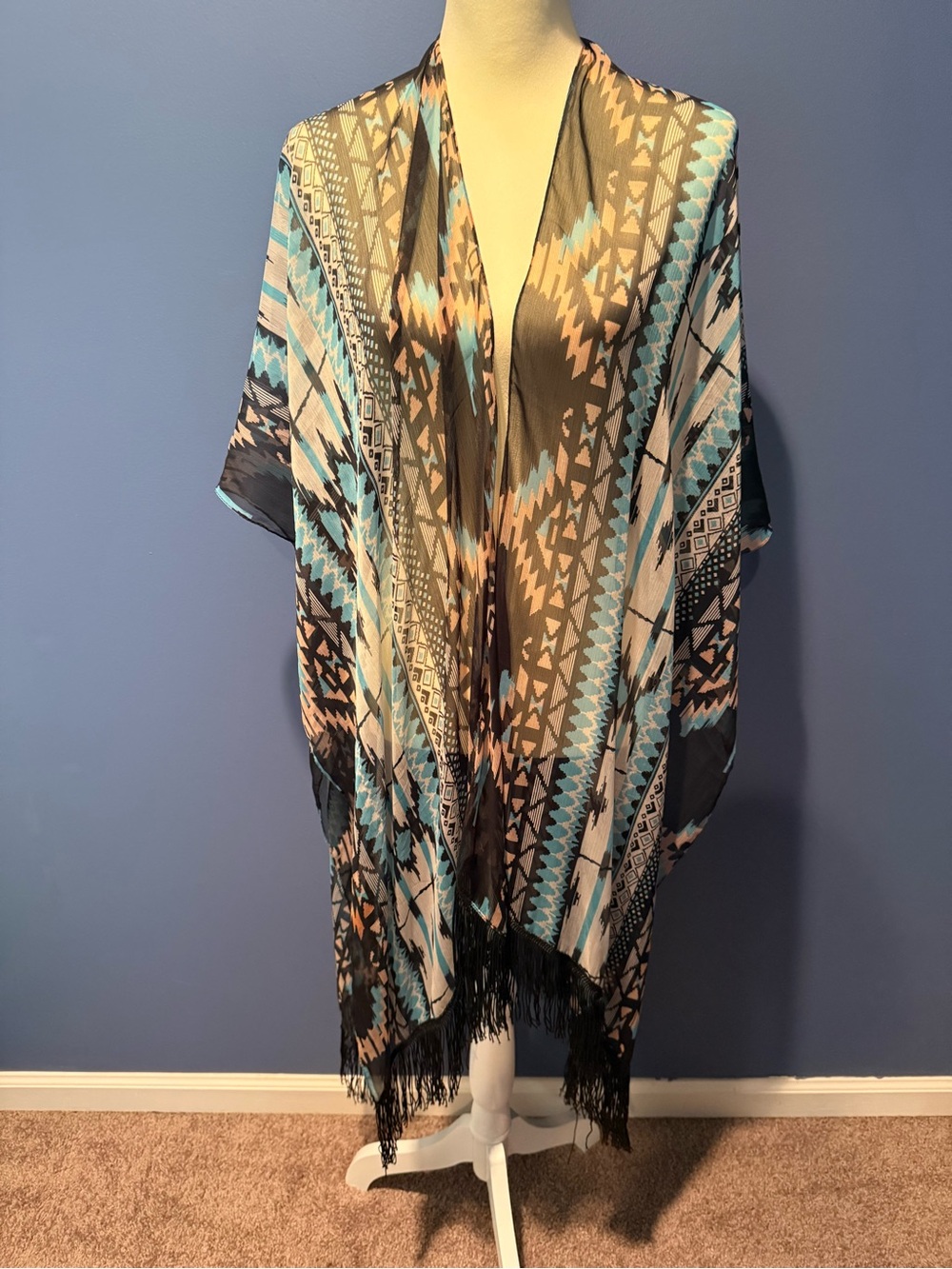 Women’s Aztec Fringe Swim Coverup - Black & Aqua